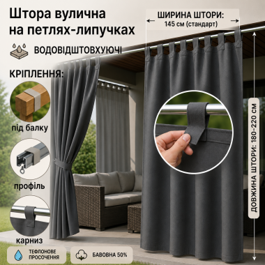 Садові штори на липучках/тефлонове просочення/145*180–220 см, графіт