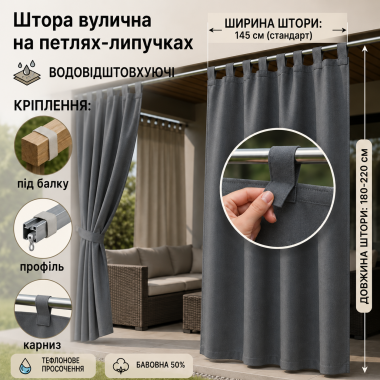 Садові штори на липучках/тефлонове просочення/145*180–220 см, сірий