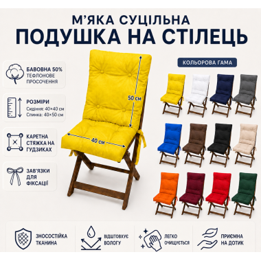 М'яка суцільна подушка на стілець 40×40/40×50 см, із зав'язками